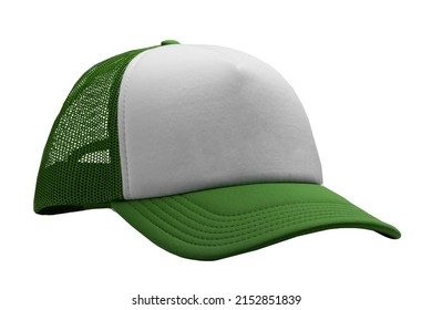 Forest green trucker cap isolated on white background. Basic baseball cap. Mock-up for branding.