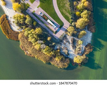 Forest Or Grove On Cape Between Two Rivers. Aerial View