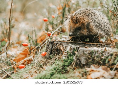 Forest hedgehog on a stump in the forest.Prickly gray hedgehog, rosehip berries and autumn leaves on a blurred autumn forest background.hedgehog muzzle close-up. Forest animals and inhabitants  - Powered by Shutterstock