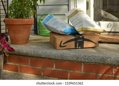 Forest Hills, NY/ USA- 10-13-19: Amazon Shipping Package Delivery On Doorstep Of Customer House