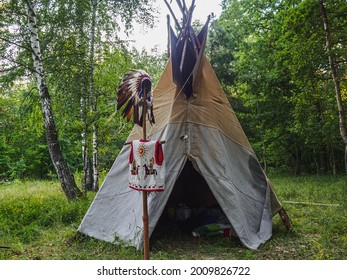 Forest home of the Indians. Wigwam indian teepee.