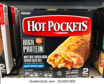 Forest Lake, Minnesota - September 20, 2019: Nestle Hot Pockets Microwave Food With High Protein, On Sale At A Grocery Store Shelf