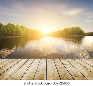 Forest Lake And Wooden Board Background