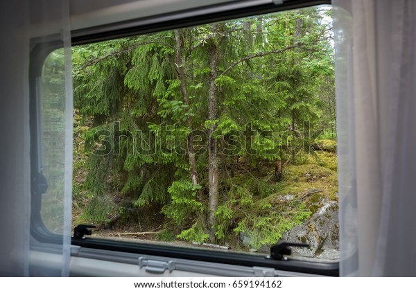 Forest landscape,\
view from the camper\
window