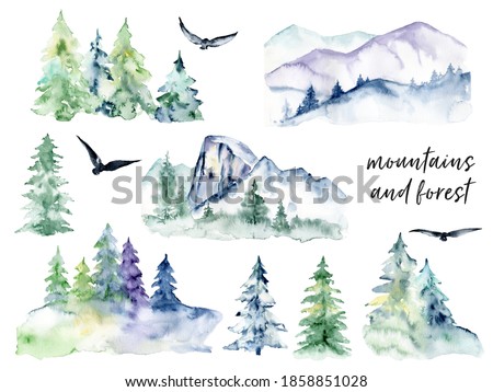 Forest and mountains set, landscape design watercolor hand painting. Isolated on white background.	