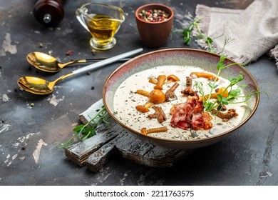 Forest Mushroom Soup. Homemade Cream Of Mushroom. Banner, Menu, Recipe Place For Text, Top View.