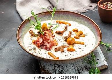 Forest Mushroom Soup. Homemade Cream Of Mushroom. Banner, Menu, Recipe Place For Text, Top View.