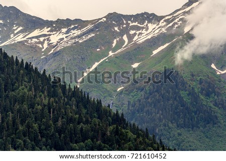 the forest on the slopes of the mountain and then another mountain on which snow caps and a river of melt water