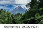 Forest path with mountain volcano view in tropical landscape. Lush greenery and beautiful sky, perfect for travel and exploration