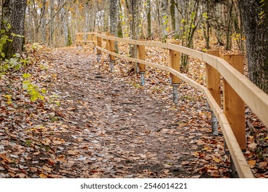 A forest pathway lined with a wooden railing, surrounded by autumn foliage. Yellow leaves cover the ground, creating a picturesque and serene outdoor scene. - Powered by Shutterstock