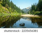 The forest is reflected in the South Fork of the Clearwater River in Idaho, USA