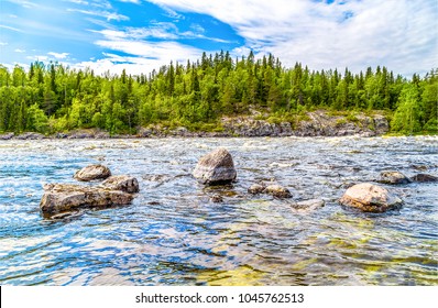 Forest River Side. Stone In Water Rock At Shore