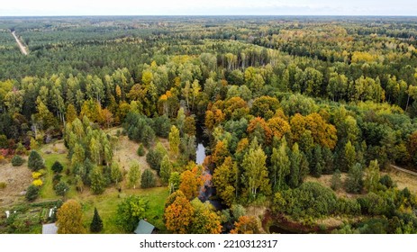 Forest And River At Sunset In Autumn. Aerial View Of Wildlife In Latvia, Europe