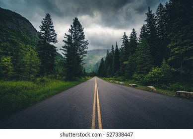 Forest road on a cloudy day. Glacier National Park, Montana, USA