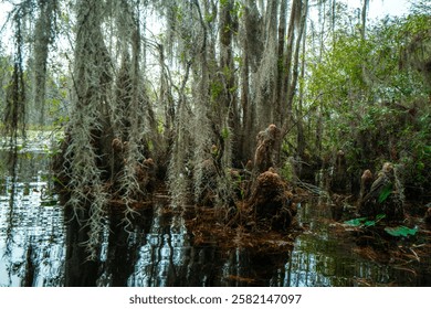 Forest of Swamp Cypresses with epiphytic Tillandsia plants, aerial roots of cypresses sticking out of water in swamp, Okefenokee Swamp, Georgia, USA