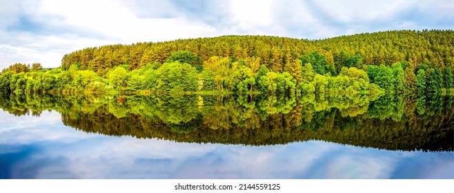 Forest trees are reflected in the lake water. Lake view in forest panorama. Forest lake panoramic landscape. Forest trees reflected in lake water panorama