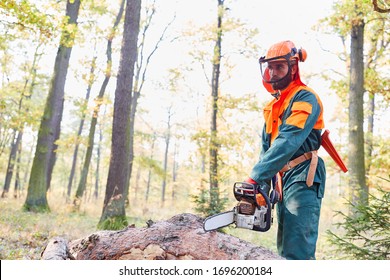 Forest worker as a lumberjack in protective gear with chainsaw at the tree fell - Powered by Shutterstock