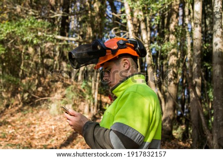 forest worker or lumberjack using mobile phone in forest