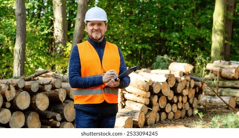 Forestry engineer in the forest. Logging operations, planned deforestation. Assessment and management of logging. - Powered by Shutterstock