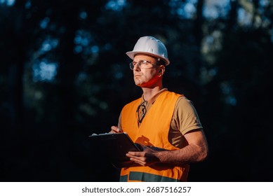 Forestry engineer writing notes on a clipboard while inspecting a forest, demonstrating responsible forestry practices and environmental awareness