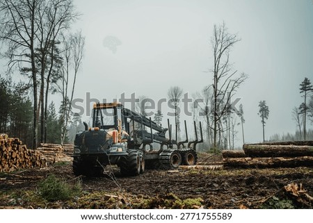 A forestry forwarder machine stands in an open forest clearing following logging activity. The machine is empty, with no timber loaded, allowing a clear view of its structure and loading area. Around it are piles of cut logs, branches, and tree debris, indicating recent forestry work. The surrounding trees are sparse, and the muted tones of the landscape reflect a cloudy, slightly foggy day. This image captures the essence of modern forestry operations, focusing on machinery, environmental transformation, and resource extraction. With no workers present, the scene emphasizes equipment and landscape. Ideal for themes such as logging, forestry industry, sustainability, and environmental change.