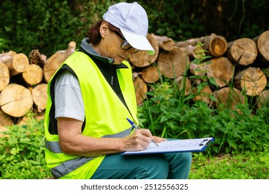 Forestry inspector records logging data. Mature female eco engineer with tablet checks felled trees. Female ecologist in overalls audits forestry.