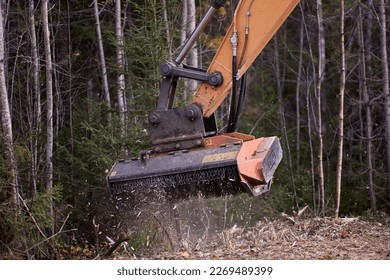 Forestry mulching is land clearing method that uses single machine to cut, grind, and clear vegetation. - Shutterstock ID 2269489399