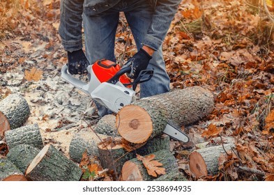 Forestry Worker with Chainsaw - Lumberjack Felling Tree in Sustainable Logging Operation - Powered by Shutterstock