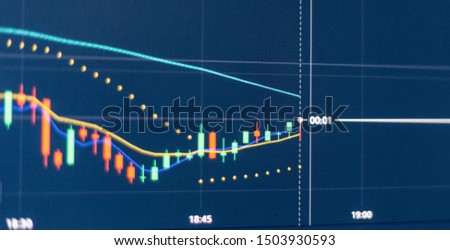 Forex and binary options conceptual ; Focused on candle chart and indicator display on timeframe 1minute with dark background