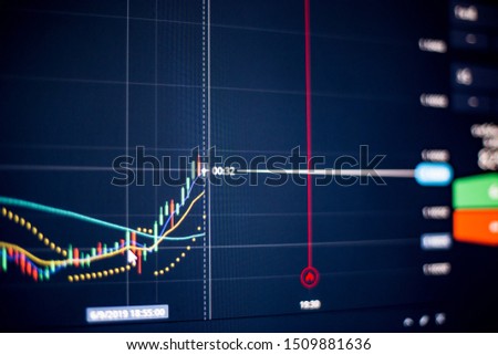 Forex and binary options conceptual ; Focused on candle chart and indicator display on timeframe 1minute with dark background