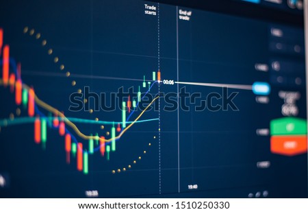 Forex and binary options conceptual ; Focused on candle chart and indicator display on timeframe 1minute with dark background