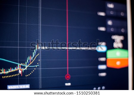 Forex and binary options conceptual ; Focused on candle chart and indicator display on timeframe 1minute with dark background