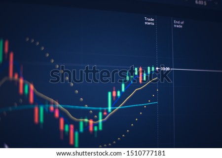 Forex and binary options conceptual ; Focused on candle chart and indicator display on timeframe 1minute with dark background