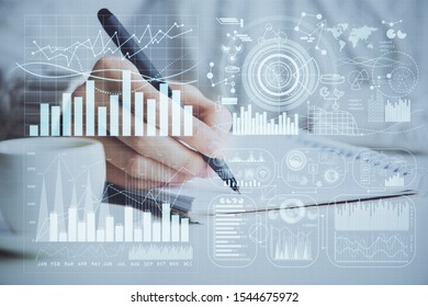 Forex chart displayed on woman's hand taking notes background. Concept of research. Double exposure - Shutterstock ID 1544675972