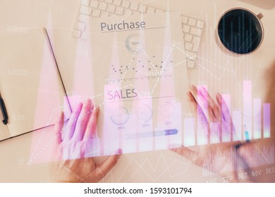 FOREX chart multi exposure with work table background.