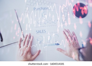 FOREX chart multi exposure with work table background.