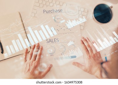 FOREX chart multi exposure with work table background. - Shutterstock ID 1634975308