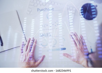 FOREX chart multi exposure with work table background.