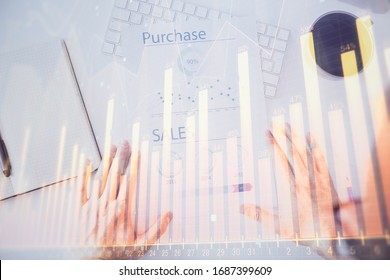 FOREX chart multi exposure with work table background.