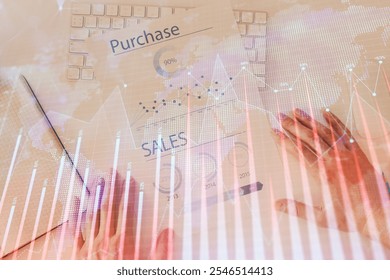 FOREX chart multi exposure with work table background. Top View. Concept of success.