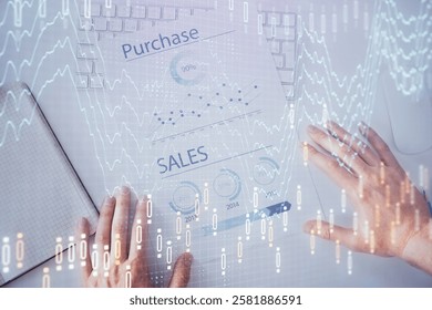 FOREX chart multi exposure with work table background. Top View. Concept of success.