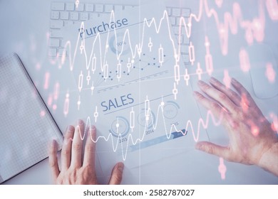 FOREX chart multi exposure with work table background. Top View. Concept of success.