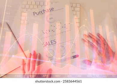 FOREX chart multi exposure with work table background. Top View. Concept of success.
