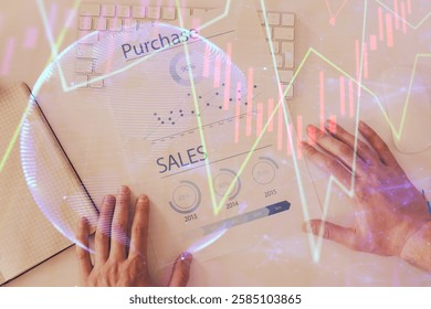 FOREX chart multi exposure with work table background. Top View. Concept of success.