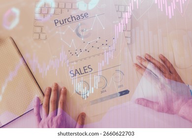 FOREX chart multi exposure with work table background. Top View. Concept of success.