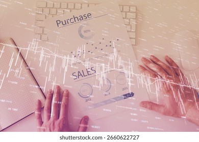 FOREX chart multi exposure with work table background. Top View. Concept of success.