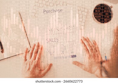 FOREX chart multi exposure with work table background. Top View. Concept of success.