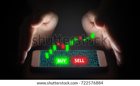 Forex concept, hand man using smartphone trading with virtual screen.