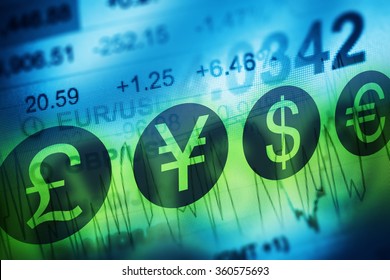 Forex Currency Trading Concept. Financial Markets and Global Economy Concept. United Kingdon Pund, European Euro, American Dollar and Japanese Yen Currency