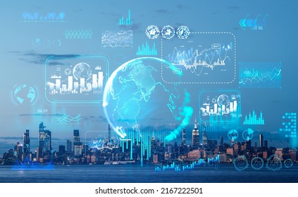 Forex diagrams, hologram with earth sphere and lines, bar chart and data analysis. New York skyline, skyscrapers at night. Concept of forex and trading.
